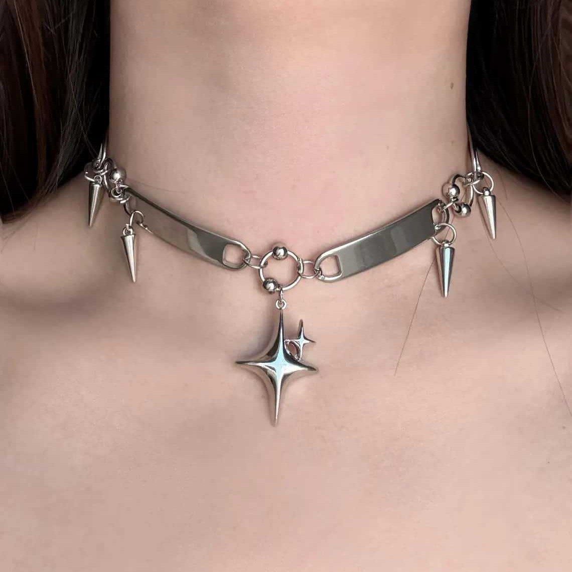 Goth Punk Spike Choker - Kalung Punk Star Riveted, Perhiasan Rock,